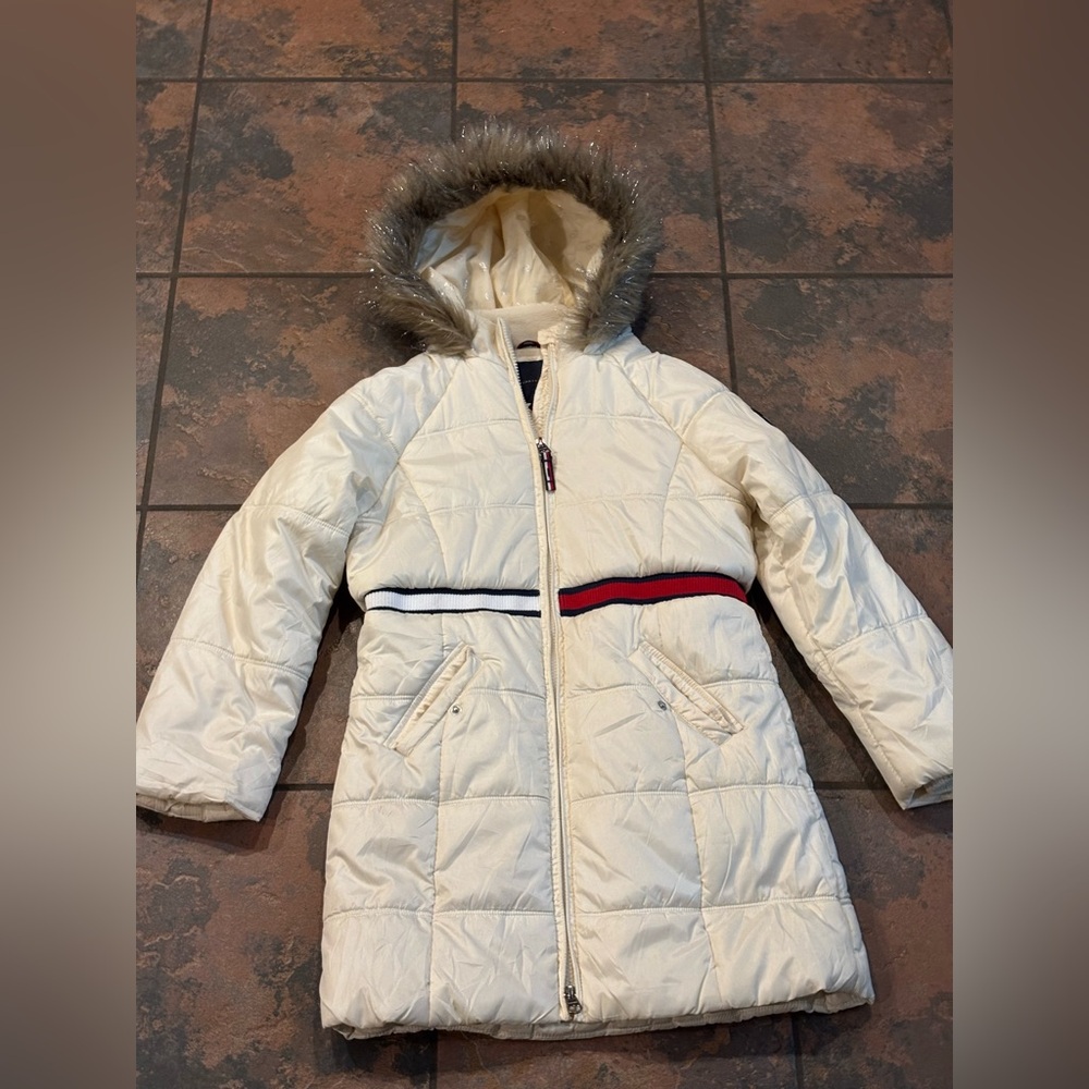 🔴Tommy Hilfiger Cream Puffer Coat with Faux Fur Hood